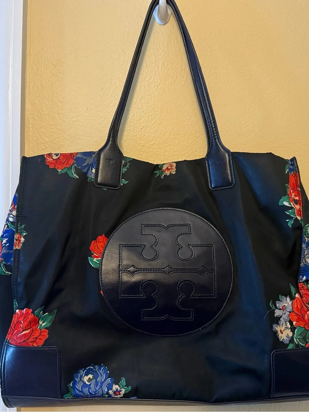 Tory Burch Ella Black Floral Nylon Logo Tote